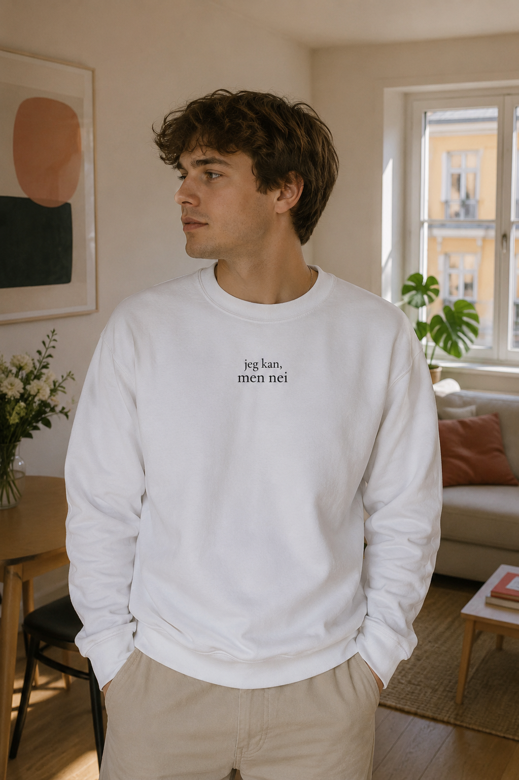 Gøy gaveide til han eller henne som bare ikke orker, en norsk genser med trykk som sier "jeg kan, men nei". 