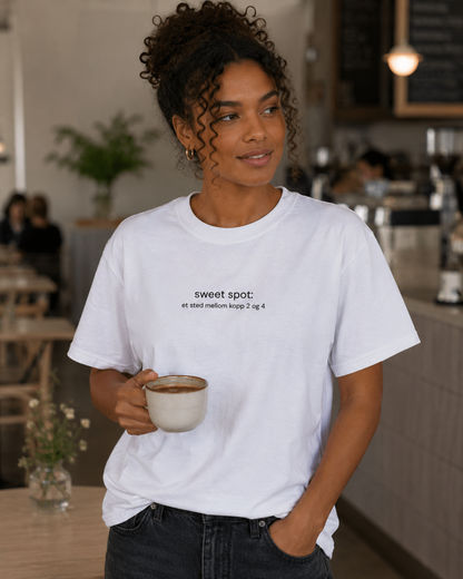 Sweet spot: et sted mellom kopp 2 og 4. Morsom og minimal t-skjorte som er gøy å gi i gave til venninne eller venn som trenger kaffe før noe annet. 