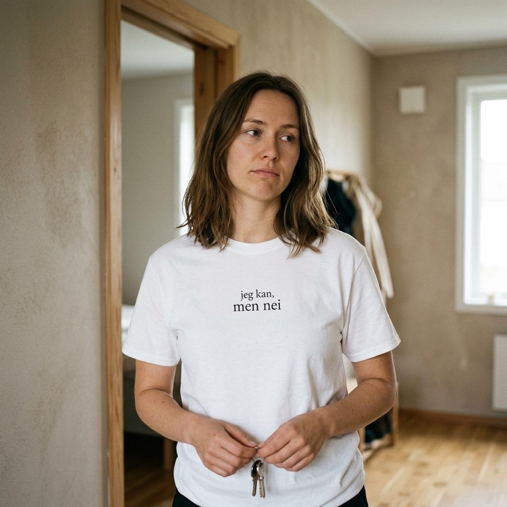 Hvit t-skjorte for ironiske dager med teksten "jeg kan, men nei"