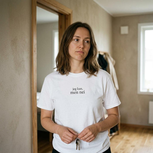 Hvit t-skjorte for ironiske dager med teksten "jeg kan, men nei"