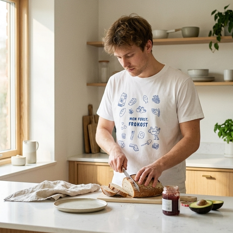 hvit t-skjorte med frokost inspirert tekstdesign. Perfekt gave til venn, venninne eller kollega.