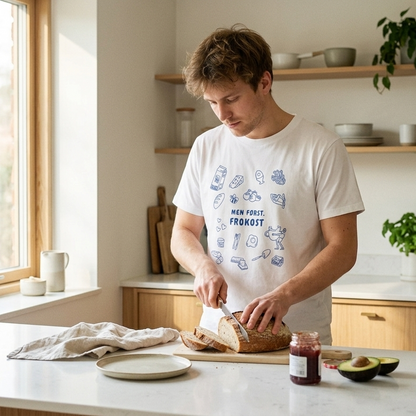 hvit t-skjorte med frokost inspirert tekstdesign. Perfekt gave til venn, venninne eller kollega.