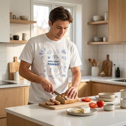 morsom t-skjorte med norsk tekst “men først, frokost”